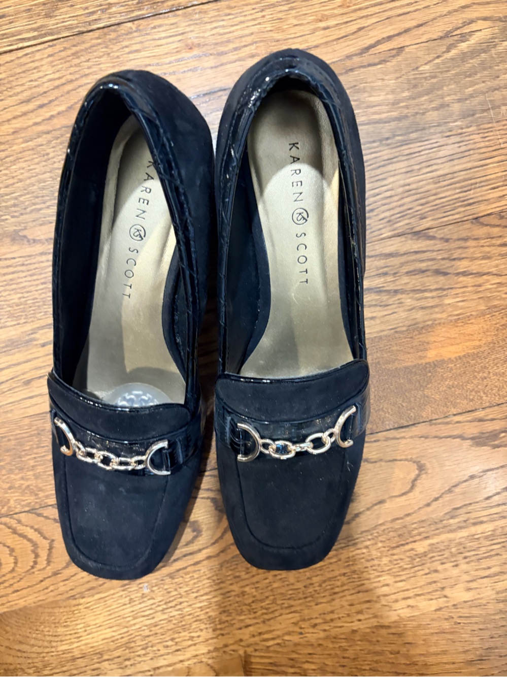 Karen Scott Black Suede-Look Loafers with Gold Chain Detail